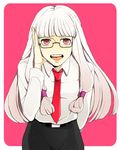  1girl adjusting_glasses agria agria_(tales) alternate_costume belt freckles glasses long_hair low-tied_long_hair lowres necktie open_mouth pants pink_background pink_eyes tales_of_(series) tales_of_xillia white_hair 