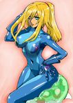  absurdres bangs blonde_hair blue_bodysuit blue_eyes blue_gloves bodysuit breasts commentary covered_navel dakusuta gloves hand_on_hip highres hips impossible_bodysuit impossible_clothes long_hair medium_breasts metroid metroid_(creature) ponytail samus_aran simple_background skin_tight solo zero_suit 