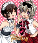  androgynous bare_shoulders bow brown_eyes brown_hair character_request choker detached_sleeves grey_hair hair_bow hands_together maid maid_headdress makuro male_focus midriff multiple_boys one_eye_closed open_mouth original otoko_no_ko polka_dot purple_eyes skirt smile translation_request 