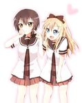  blonde_hair blue_eyes bow brown_eyes brown_hair clenched_hand funami_yui hair_bow highres i_me_34 long_hair multiple_girls nanamori_school_uniform pointing school_uniform serafuku short_hair toshinou_kyouko yuru_yuri 