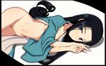  anrakutei_kukuru black_eyes black_hair bottomless caryo covering japanese_clothes joshiraku long_hair looking_at_viewer lying nanashino navel on_side solo very_long_hair 