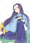  akechi_mitsuhide_(oda_nobuna_no_yabou) armor ata_(egalite) blue_hakama blush boots breastplate cherry_blossoms frown hakama high_heels japanese_clothes katana long_hair low-tied_long_hair oda_nobuna_no_yabou petals purple_eyes purple_hair shoes solo sword weapon 