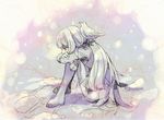  1girl agria agria_(tales) bird boots dress freckles fur long_hair low-tied_long_hair monochrome sitting snow tales_of_(series) tales_of_xillia thighhighs 