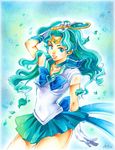  2012 aqua aqua_eyes aqua_hair arm_up back_bow bishoujo_senshi_sailor_moon bow brooch choker dated deep_aqua_mirror gloves green_skirt jewelry kaiou_michiru long_hair magical_girl mirror nashi_juni neptune_symbol petals pleated_skirt ribbon sailor_collar sailor_neptune sailor_senshi_uniform skirt smile solo star star_choker super_sailor_neptune white_gloves 