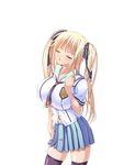  1girl black_background blonde_hair breasts erect_nipples eyes_closed huge_breasts kiss kyonyuu_majo l long_hair open_mouth school_uniform schoolgirl simple_background solo tenma_cecile thighhighs twintails waffle zettai_ryouiki 
