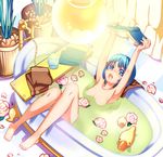  armpits arms_up bath blue_eyes blue_hair book checkered checkered_floor collarbone feet flower hair_tie holding kawagoe_pochi nude open_book open_mouth original plant reading rubber_duck short_hair solo toes towel water 