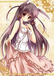  amane_ruri animal_ears black_hair blush braid bunny_ears collarbone dress dress_lift long_hair looking_at_viewer original red_eyes smile solo twin_braids twintails 