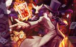  arrow card fire gloves hat highres jack_in_the_box_(toy) league_of_legends magic_trick malcolm_graves male_focus playing_card solo top_hat twisted_fate xiaoguimist 