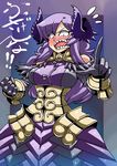  armor armored_dress bare_shoulders blush bracer breasts clenched_hand corset demon_girl elbow_gloves faulds full-face_blush gloves hair_over_one_eye highres horns jewelry large_breasts long_hair necklace nise_maou_kanizeru open_mouth pointing pointing_up purple_hair sharp_teeth solo teeth translated tsuki_wani yuusha_to_maou 