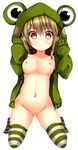  :o animal_costume bad_id bad_pixiv_id blush breasts brown_hair chiiutsu_(cheewts) cleft_of_venus frog_hood green_hoodie green_legwear highres kneeling large_breasts looking_at_viewer navel nipples no_shoes nude open_mouth original pussy shiny shiny_skin short_hair simple_background solo striped striped_legwear thighhighs uncensored white_background 