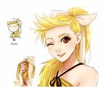  banana bare_shoulders blonde_hair blush_stickers bow chibi food fruit hair_bow long_hair meago one_eye_closed open_mouth original personification ponytail signature simple_background smile solo themed_object 