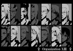  6+boys axel_(kingdom_hearts) bad_id bad_pixiv_id black_coat_(kingdom_hearts) demyx earrings everyone facial_hair facial_mark greyscale grin jewelry kingdom_hearts kingdom_hearts_358/2_days larxene lexaeus long_hair luxord marluxia monochrome multiple_boys multiple_girls organization_xiii roxas saix scar short_hair smile vexen xaldin xemnas xigbar xion_(kingdom_hearts) zexion 