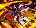  2boys abs armor bare_shoulders black_hair boots coat dark_skin detached_sleeves fire fur gaias gaius_(tales) green_eyes grey_hair hair_ornament ibal ivar_(tales) katana long_hair male male_focus multiple_boys open_mouth pants ponytail red_eyes short_hair sword tales_of_(series) tales_of_xillia weapon 