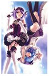  adel_(blazing_souls) alia_(blazing_souls) arms_up bike_shorts black_eyes blazing_souls blue_background blue_hair boots detached_sleeves dress expressionless gloves hirano_katsuyuki knee_boots multiple_girls official_art purple_hair red_eyes rotational_symmetry short_hair skirt spectral_(series) thigh_strap thighhighs upside-down 