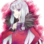  1girl agria agria_(tales) breasts dress fur grey_hair grin long_hair low-tied_long_hair lowres pocky purple_eyes red_background smile tales_of_(series) tales_of_xillia 
