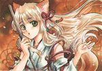  animal_ears blonde_hair copyright_request fox_ears grey_eyes japanese_clothes long_hair looking_at_viewer marker_(medium) miko ochon parted_lips solo staff traditional_media uniform 