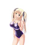  blonde_hair blush breasts erect_nipples green_eyes huge_breasts kyonyuu_majo school_swimsuit swimsuit tenma_cecile twintails waffle 