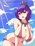  bad_id bad_pixiv_id bent_over bikini breast_hold breasts cloud day hair_ornament huge_breasts moisture_(chichi) navel open_mouth outdoors purple_hair red_bikini red_eyes short_hair sky solo standing summer swimsuit touhou yasaka_kanako 