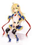  bad_id bad_pixiv_id belt blazblue blazblue:_chronophantasma blonde_hair capelet green_eyes hair_ornament littlebird-idel microskirt midriff necktie noel_vermillion sitting skirt solo 