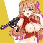  ;d adjusting_hair aiming bad_id bad_pixiv_id bangs blush bottomless breastless_clothes breasts breasts_outside brown_hair chinese_clothes double_bun fang finger_on_trigger groin gun hair_between_eyes handgun hazuki_natsu holding holding_gun holding_weapon large_breasts long_hair luger_p08 navel nipples no_bra one_eye_closed open_mouth original out-of-frame_censoring outstretched_arm pistol purple_eyes shadow short_sleeves smile solo turtleneck upper_body very_long_hair wavy_hair weapon 