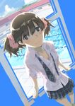  ai[sora] brown_hair necktie original plaid plaid_skirt pool short_twintails skirt solo twintails uniform 