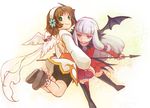  2girls agria agria_(tales) back bodysuit boots brown_hair coat dress flower freckles fur green_eyes grey_hair hairband leia_roland leia_rolando long_hair low-tied_long_hair multiple_girls purple_eyes shoes short_hair smile tales_of_(series) tales_of_xillia thigh_boots thighhighs wings 