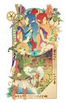  3girls bad_id bad_pixiv_id blonde_hair blue_eyes blue_hair broom closed_eyes cloud din frame harp hat highres holding holding_sword holding_weapon instrument left-handed link long_hair maple_(the_legend_of_zelda) multiple_boys multiple_girls nayru pointy_ears ralph_(the_legend_of_zelda) red_hair scepter shield sword the_legend_of_zelda the_legend_of_zelda:_oracle_of_ages the_legend_of_zelda:_oracle_of_seasons tree weapon witch_hat wristband yachi_kou 