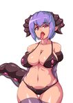  bad_id bad_pixiv_id bikini blue_hair breasts brown_bikini curvy elbow_gloves gloves highres horns huge_breasts moisture_(chichi) monster_girl navel open_mouth original pointy_ears purple_eyes short_hair simple_background solo standing swimsuit tail thigh_gap thighhighs thighs tongue white_background wide_hips 