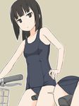  bangs bare_shoulders bicycle black_eyes black_hair cameltoe crotch_rub glasses ground_vehicle hand_on_hip looking_at_viewer one-piece_swimsuit parted_lips school_swimsuit short_hair simple_background solo sukumi's! swimsuit takafumi urasoe_kurumi 