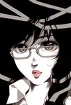  glasses hair_ribbon lips long_hair looking_at_viewer monochrome open_mouth original ribbon solo spot_color takanashi_ringo 