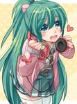  alternate_hairstyle green_eyes green_hair hatsune_miku headphones headphones_around_neck heart long_hair looking_at_viewer necktie open_mouth ponytail project_diva_(series) project_diva_f ribbon_girl_(module) shinyae skirt smile solo sweater thighhighs very_long_hair vocaloid zettai_ryouiki 