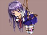  bdsm bondage bound breast_bondage clannad fujibayashi_kyou fumi11gou hair_intakes hikarizaka_private_high_school_uniform long_hair purple_eyes purple_hair rope school_uniform shibari shibari_over_clothes suspension thighhighs vibrator white_legwear 