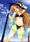  absurdres antique_firearm arquebus barefoot bikini blonde_hair brown_eyes cloud crease day firearm gun hat highres innertube long_hair miyama-zero navel ocean oda_nobuna oda_nobuna_no_yabou official_art rifle scan side-tie_bikini sky solo swimsuit water weapon 