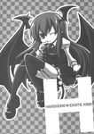  angeltype comic demon_tail demon_wings garter_straps greyscale head_wings highres koakuma long_hair monochrome one_eye_closed smile solo tail thighhighs touhou wings 