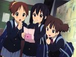  bag black_hair blue_skirt blush brown_eyes brown_hair heart highres hirasawa_ui holding holding_envelope holding_paper horiguchi_yukiko k-on! long_hair looking_at_another multiple_girls nakano_azusa open_mouth paper sakuragaoka_high_school_uniform scan school_bag school_uniform shoe_locker short_hair skirt smile suzuki_jun teeth twintails 