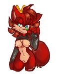  blue_eyes bottomless breasts canine clothed clothing female fiona_fox fox hair half-dressed kayla-na mammal navel nipples pubes pussy red_hair sega smile sonic_(series) 