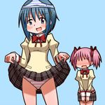  blue_background blue_eyes blue_hair blush female_pervert hair_ornament hair_ribbon hairclip kaname_madoka lifted_by_self mahou_shoujo_madoka_magica miki_sayaka multiple_girls object_on_head panties panties_on_head pervert pink_hair ribbon school_uniform sen-asanagi short_hair short_twintails skirt skirt_lift smile striped striped_panties twintails underwear 