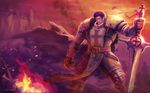  armor cape castle fire garen_crownguard highres league_of_legends male_focus polearm smoke solo sword weapon xiaoguimist 