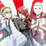  2girls aegis_(persona) android bandaid blonde_hair blue_eyes boxing_gloves brown_eyes cape cracking_knuckles dress_shirt formal grey_eyes hair_over_one_eye headphones kirijou_mitsuru long_hair md5_mismatch multiple_girls necktie persona persona_3 persona_4:_the_ultimate_in_mayonaka_arena red_hair sanada_akihiko scar shirt short_hair silver_hair sparkle suit tokiwa_(mukoku) 