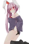  adjusting_clothes adjusting_panties animal_ears bad_id bad_pixiv_id black_panties bra breasts bunny_ears chimunge hair_in_mouth highres large_breasts lavender_hair long_hair no_pants panties red_bra red_eyes reisen_udongein_inaba side_ponytail solo touhou underwear yandere 