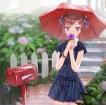  blue_eyes brown_hair dress fence flower hair_ribbon heart holding holding_flower hydrangea letter looking_at_viewer love_letter mailbox_(incoming_mail) original rain ribbon short_hair solo stairs takeuchi_aya umbrella water 