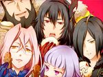  2girls 3boys agria agria_(tales) ahoge beard black_hair brown_hair cape coat eating eyes_closed facial_hair freckles fur gaias gaius_(tales) glasses gloves grey_hair hair_ornament hair_over_one_eye hat jao jiao_(tales) long_hair multicolored_hair multiple_boys multiple_girls open_mouth pink_background presa_(tales) preza purple_eyes red_eyes tales_of_(series) tales_of_xillia wingar wingul_(tales) yellow_eyes 