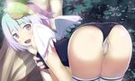  ass blue_hair blush breast_grab breasts censored fairy_tale grabbing kawano_masatoshi open_mouth personification purple_eyes pussy pussy_juice swimsuit the_ugly_duckling thighhighs wings 