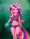  2019 anthro anthrofied breasts camel_toe clothed clothing cutie_mark equid female friendship_is_magic hair hi_res holding_object horn ketlimur looking_at_viewer mammal multicolored_hair my_little_pony navel nipple_outline nipples princess_cadance_(mlp) purple_eyes pussy simple_background skimpy smile tight_clothing unicorn wide_hips 