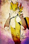  abstract_background ambiguous_gender blue_eyes canine digimon fox fur kamikazedelbvh mammal markings renamon solo white_fur yellow_fur 