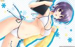  asaka_minako bikini breasts dutch_angle hair_ribbon highres ikegami_akane large_breasts looking_at_viewer navel open_mouth purple_eyes purple_hair ribbon short_hair solo string_bikini swimsuit teeth towel underboob wallpaper with_ribbon 