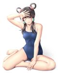  alternate_costume bad_id bad_pixiv_id bare_shoulders barefoot black_hair blush braid brown_hair full_body hair_ornament hair_tubes long_hair looking_at_viewer mochi.f one-piece_swimsuit one_eye_closed ringlets shading_eyes simple_background sitting smile solo soulcalibur swimsuit toes white_background yan_leixia yokozuwari 
