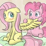  blush couple cutie_mark duo equine female feral fluttershy_(mlp) friendship_is_magic fur hair horse mammal my_little_pony pegasus pink_fur pink_hair pinkie_pie_(mlp) plain_background pony preening speccysy wings yellow_fur 