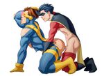  2boys abs age_difference anal ass cyclops dc erection hand_on_head marvel mask multiple_boys muscle pecs penis robin sex szadek testicles torn_clothes undressing x-men yaoi 