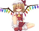  ascot blonde_hair bloomers blush crystal flandre_scarlet hat hat_ribbon ixen-fei puffy_sleeves red_eyes ribbon short_hair short_sleeves side_ponytail sitting skirt solo touhou underwear wings 